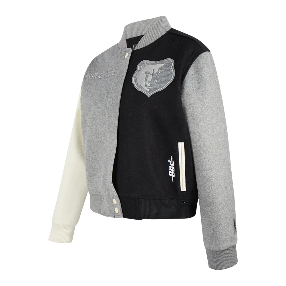 NBA MEMPHIS GRIZZLIES REVERSE FRENCH TERRY WOMEN'S WOOL VARSITY JACKET (BLACK/GRAY/EGGSHELL) - Image 2