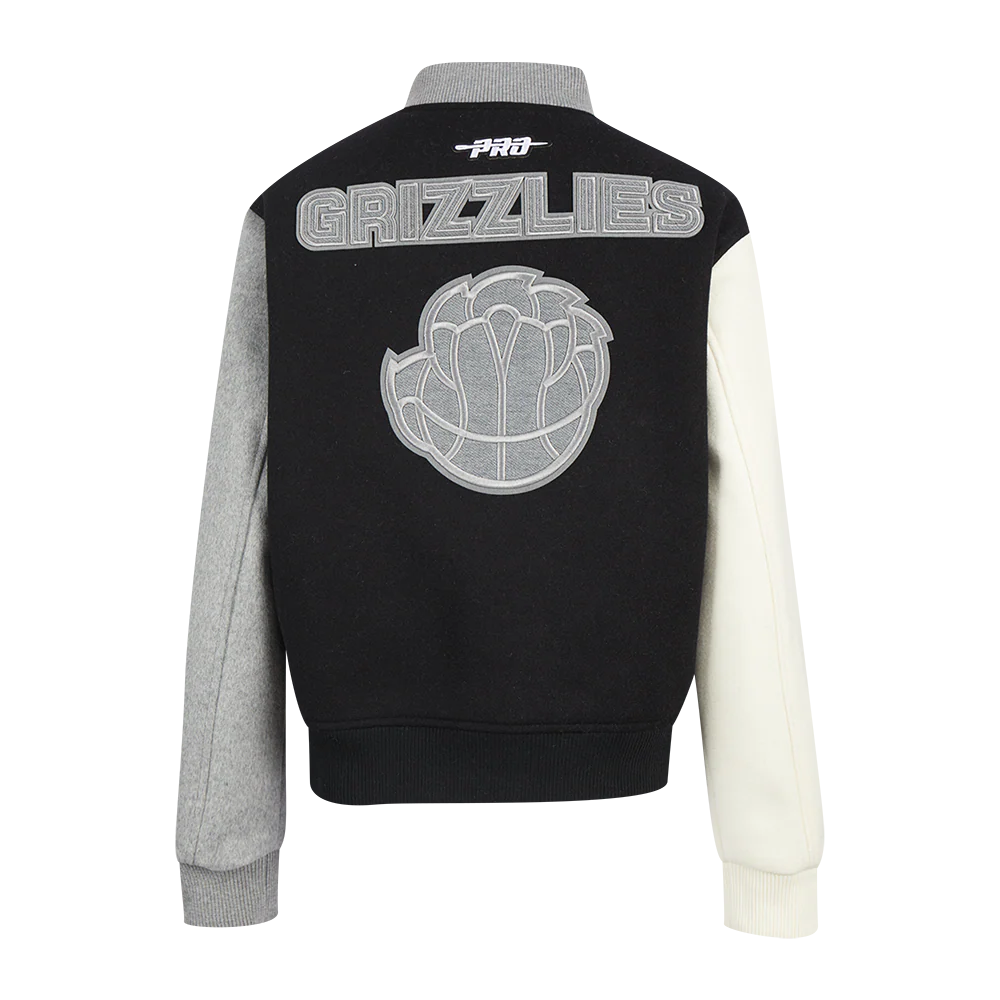 NBA MEMPHIS GRIZZLIES REVERSE FRENCH TERRY WOMEN'S WOOL VARSITY JACKET (BLACK/GRAY/EGGSHELL) - Image 3