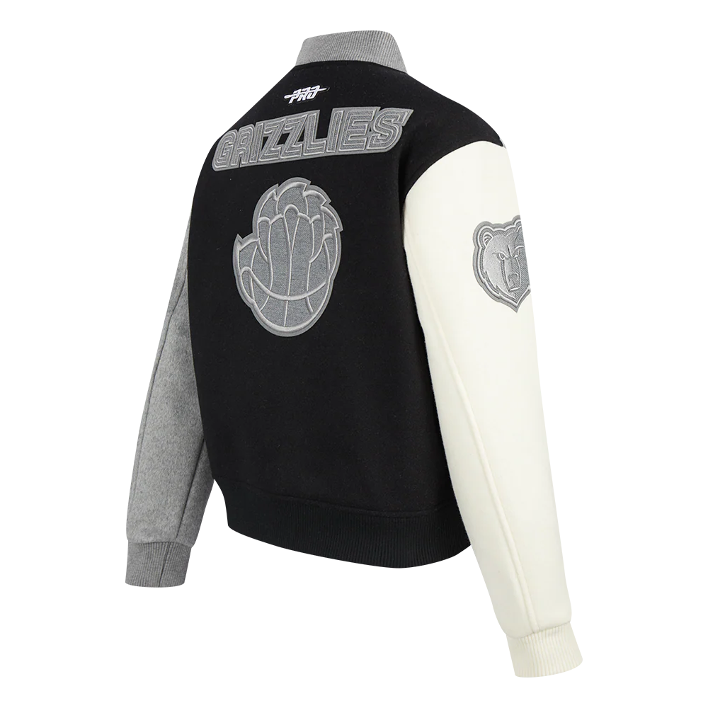 NBA MEMPHIS GRIZZLIES REVERSE FRENCH TERRY WOMEN'S WOOL VARSITY JACKET (BLACK/GRAY/EGGSHELL) - Image 4