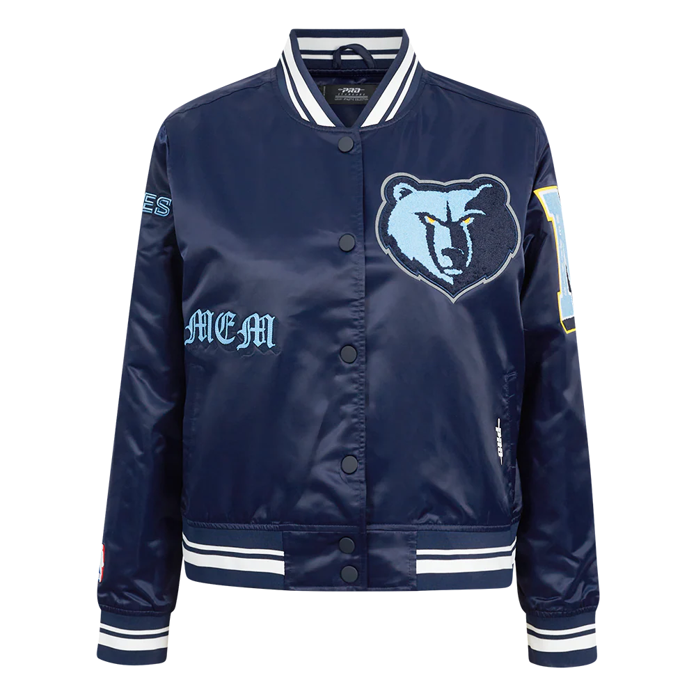 NBA MEMPHIS GRIZZLIES OLD ENGLISH WOMEN'S RIB SATIN JACKET (MIDNIGHT NAVY)