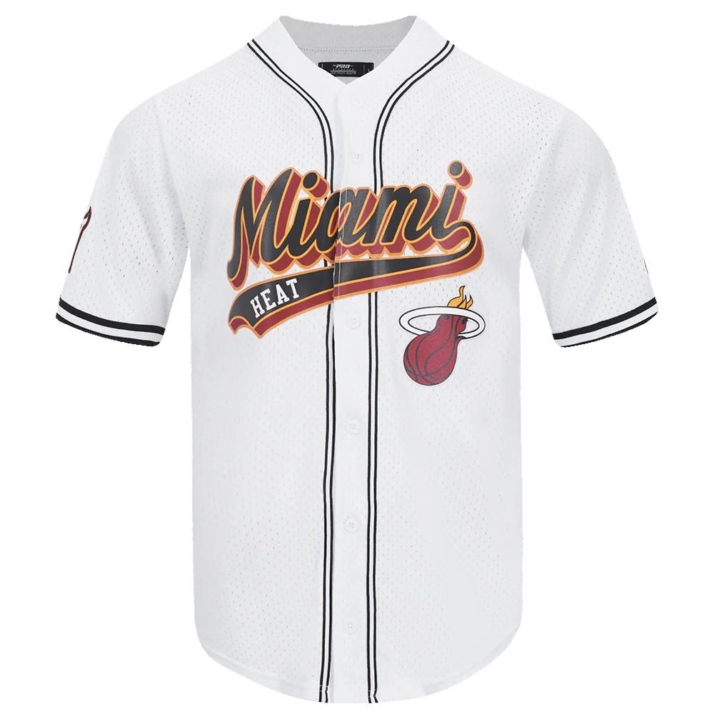 NBA MIAMI HEAT SCRIPT TAIL MEN'S MESH BUTTON DOWN SHIRT (WHITE/BLACK/WHITE)