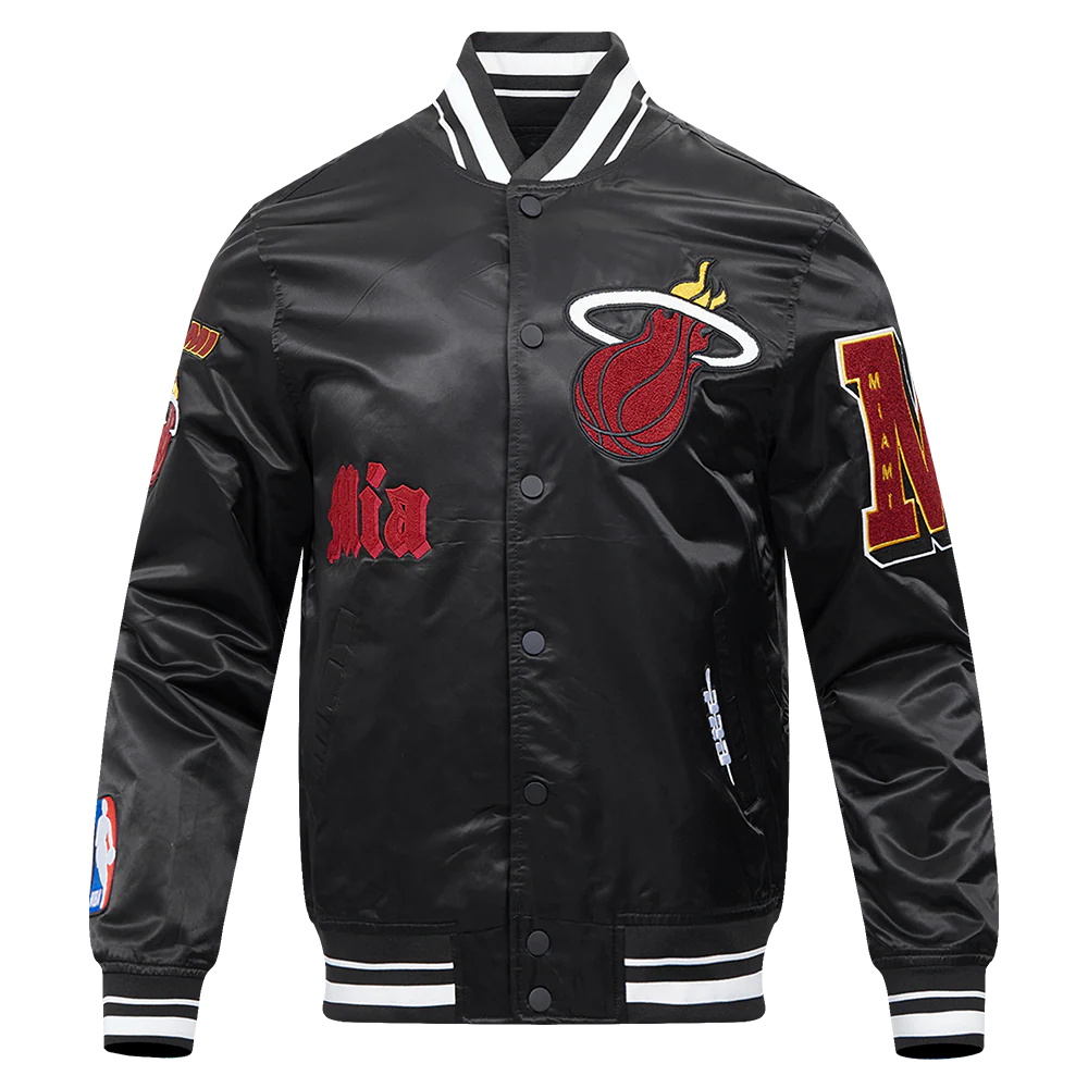 NBA MIAMI HEAT OLD ENGLISH MEN'S RIB SATIN JACKET (BLACK) - Image 10