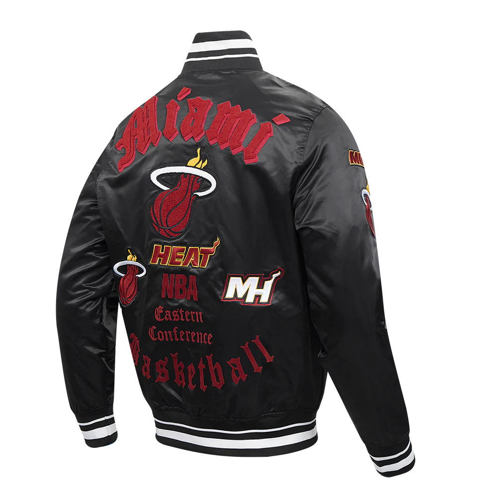 NBA MIAMI HEAT OLD ENGLISH MEN'S RIB SATIN JACKET (BLACK) - Image 12