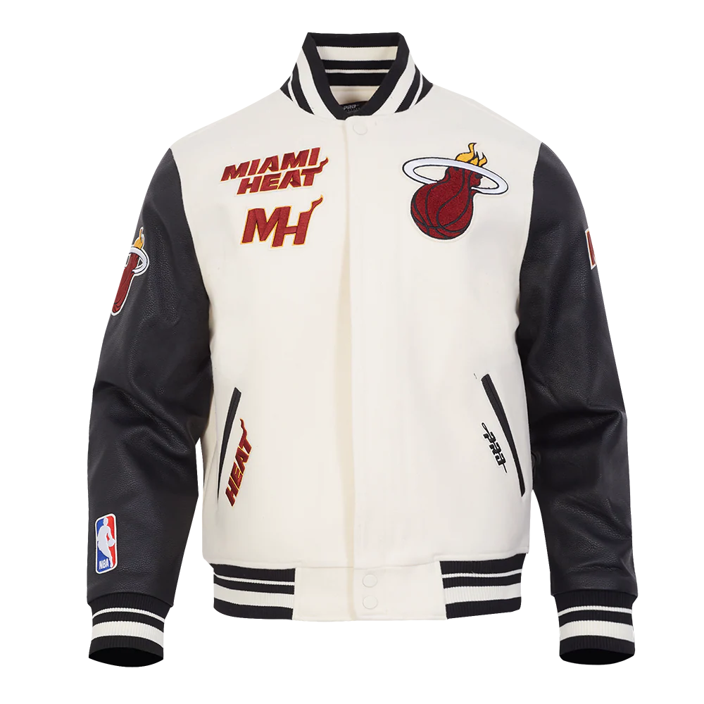 NBA MIAMI HEAT RETRO CLASSIC MEN'S RIB WOOL VARSITY JACKET (EGGSHELL/ BLACK)