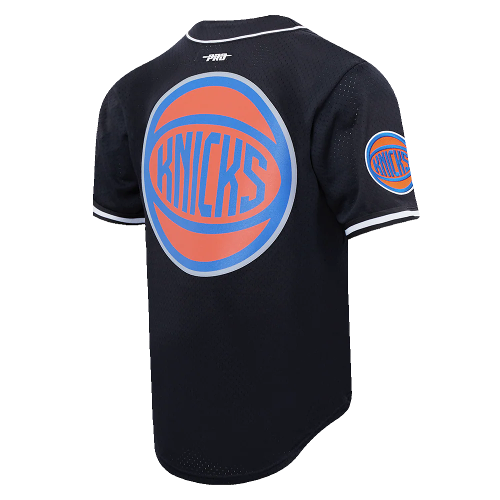NBA NEW YORK KNICKS SCRIPT TAIL MEN'S MESH BUTTON DOWN SHIRT (BLACK) - Image 4