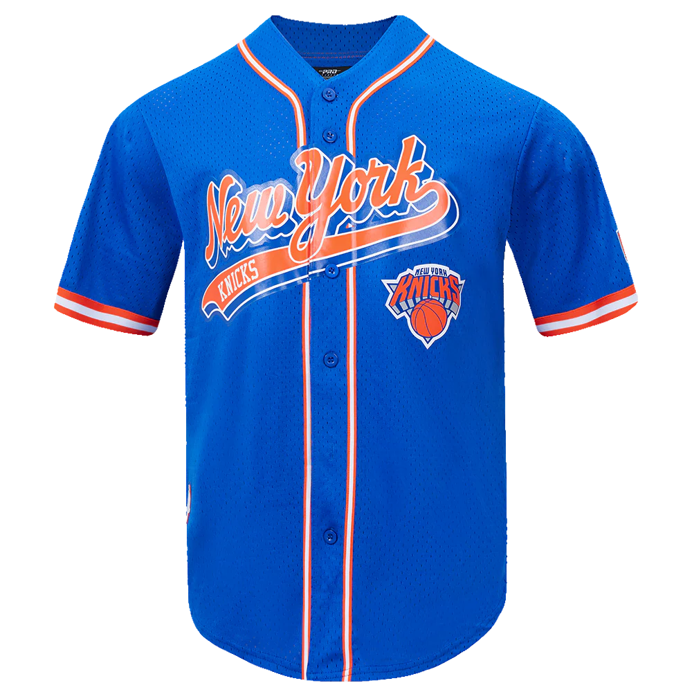 NBA NEW YORK KNICKS SCRIPT TAIL MEN'S MESH BUTTON DOWN SHIRT (ROYAL BLUE/ORANGE)
