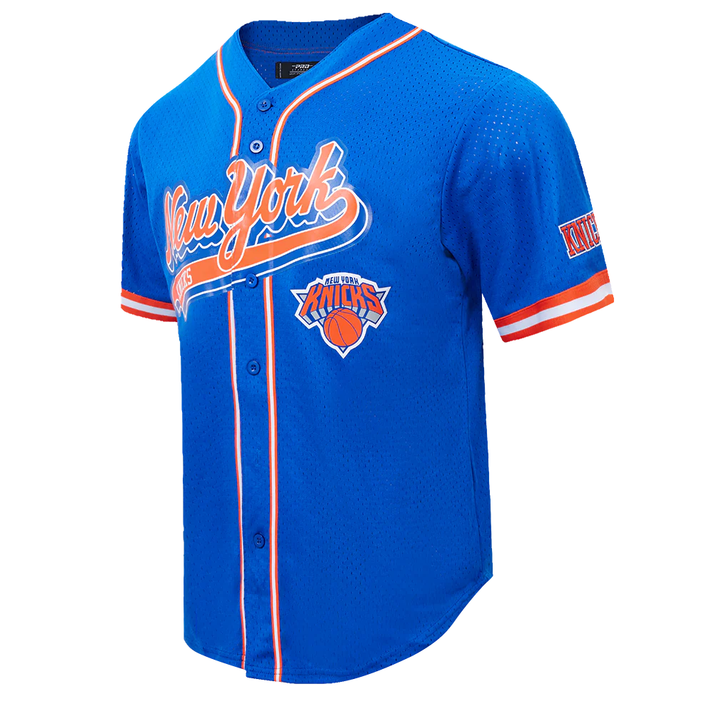 NBA NEW YORK KNICKS SCRIPT TAIL MEN'S MESH BUTTON DOWN SHIRT (ROYAL BLUE/ORANGE) - Image 2