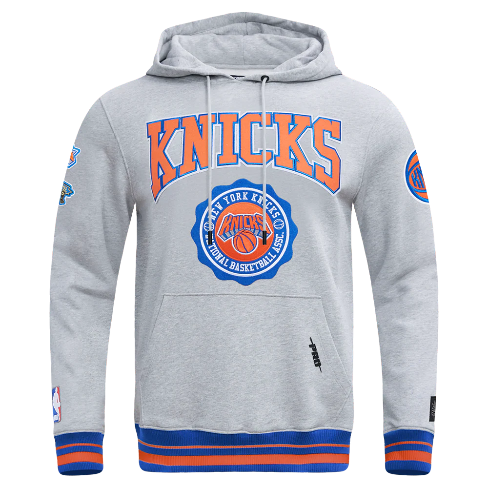 NBA NEW YORK KNICKS CREST EMBLEM MEN'S RIB PO HOODIE (HEATHER GREY/ROYAL/ORANGE)