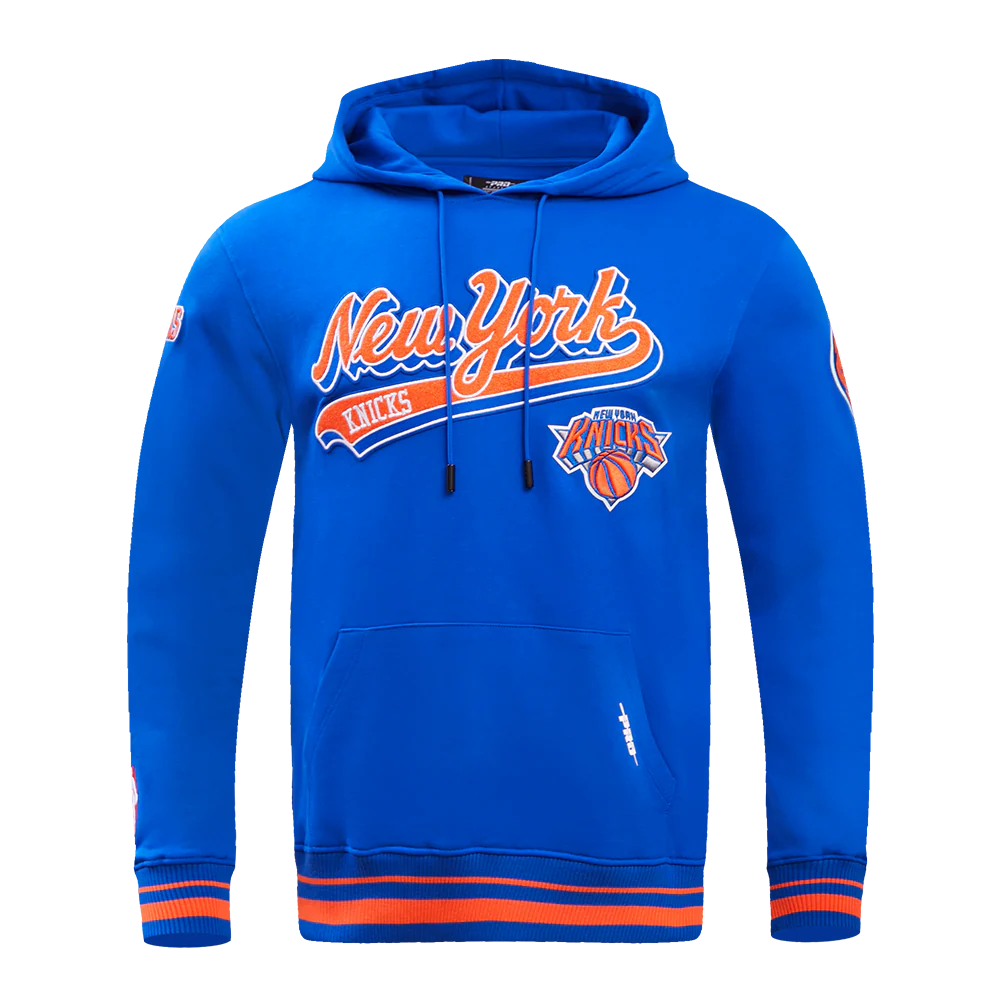 NBA NEW YORK KNICKS SCRIPT TAIL MEN'S RIB FLEECE PULLOVER HOODIE (ROYAL/ORANGE/ROYAL)