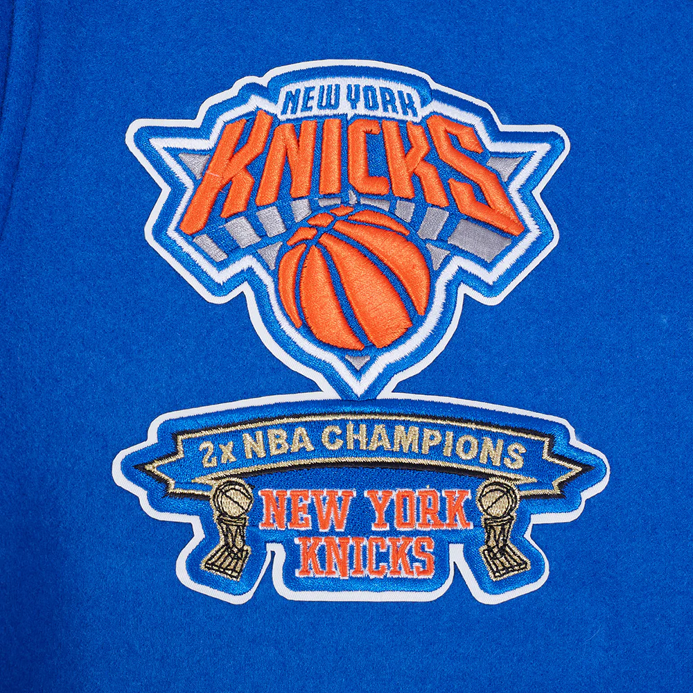 NBA NEW YORK KNICKS CREST EMBLEM MEN'S RIB WOOL VARSITY JACKET (ROYAL/ORANGE/ROYAL) - Image 5