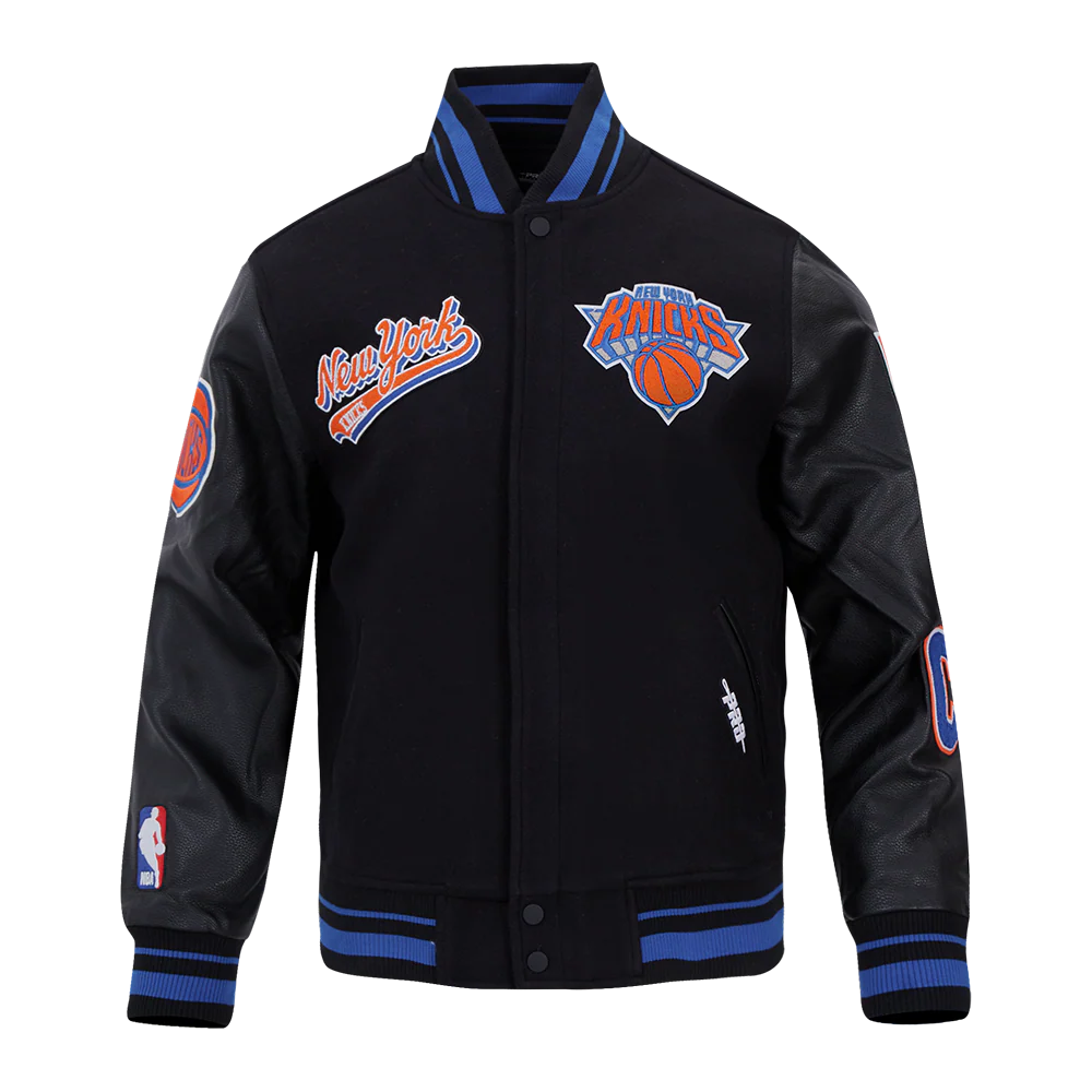 NBA NEW YORK KNICKS SCRIPT TAIL MEN'S RIB WOOL VARSITY (BLACK/ROYAL BLUE/BLACK)