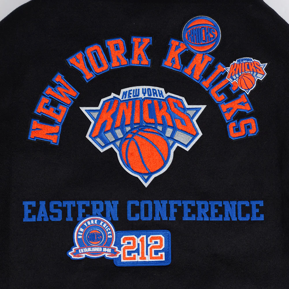 NBA NEW YORK KNICKS AREA CODE MEN'S RIB WOOL VARSITY JACKET (BLACK/ROYAL BLUE/BLACK) - Image 6