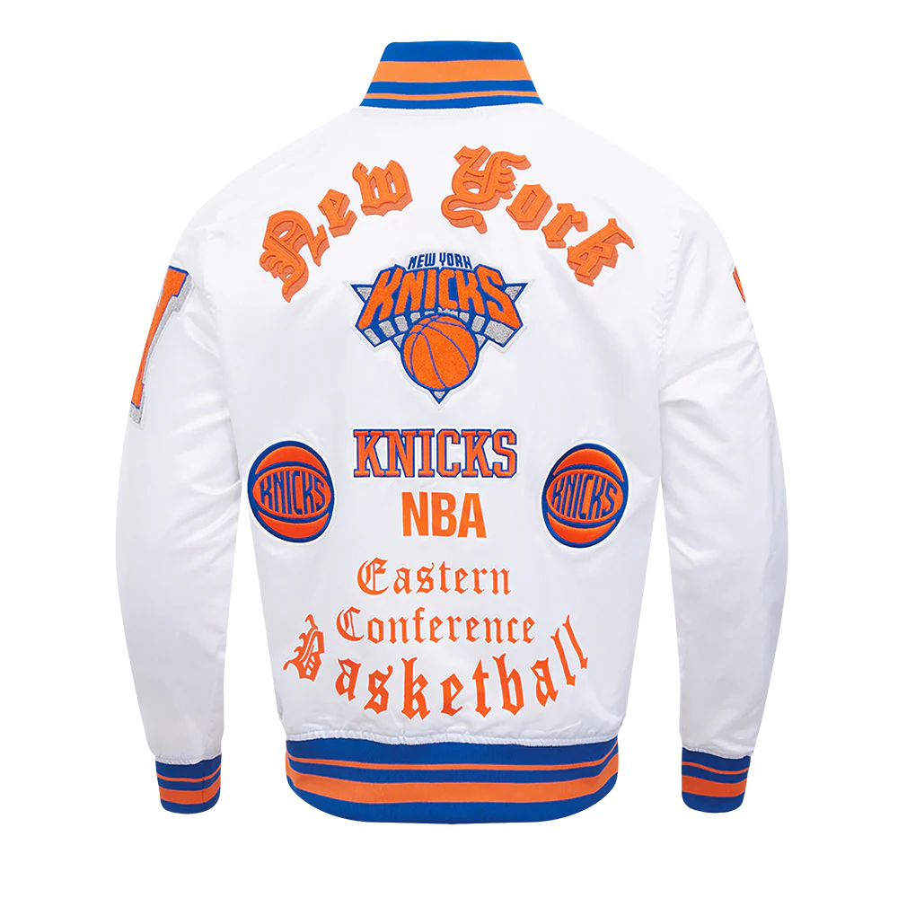 NBA NEW YORK KNICKS OLD ENGLISH MEN'S RIB SATIN JACKET (WHITE/ROYAL BLUE/ORANGE) - Image 4