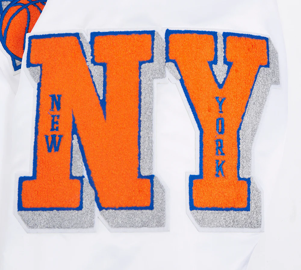 NBA NEW YORK KNICKS OLD ENGLISH MEN'S RIB SATIN JACKET (WHITE/ROYAL BLUE/ORANGE) - Image 8