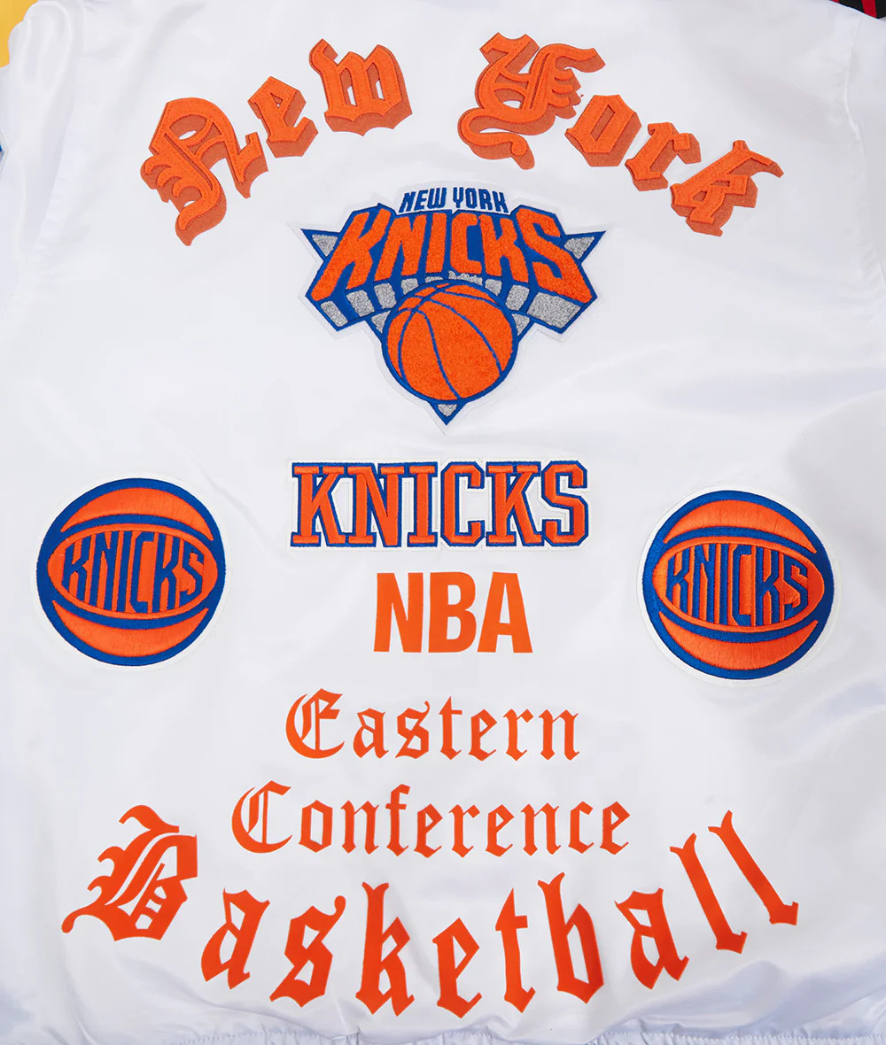 NBA NEW YORK KNICKS OLD ENGLISH MEN'S RIB SATIN JACKET (WHITE/ROYAL BLUE/ORANGE) - Image 9