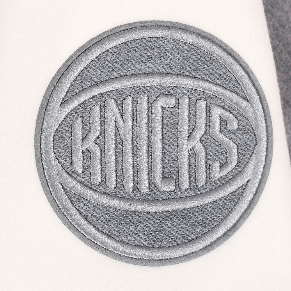 NBA NEW YORK KNICKS REVERSE FRENCH TERRY MEN'S COLOR BLOCK WOOL VARSITY JACKET (BLACK/GRAY/EGGSHELL) - Image 7