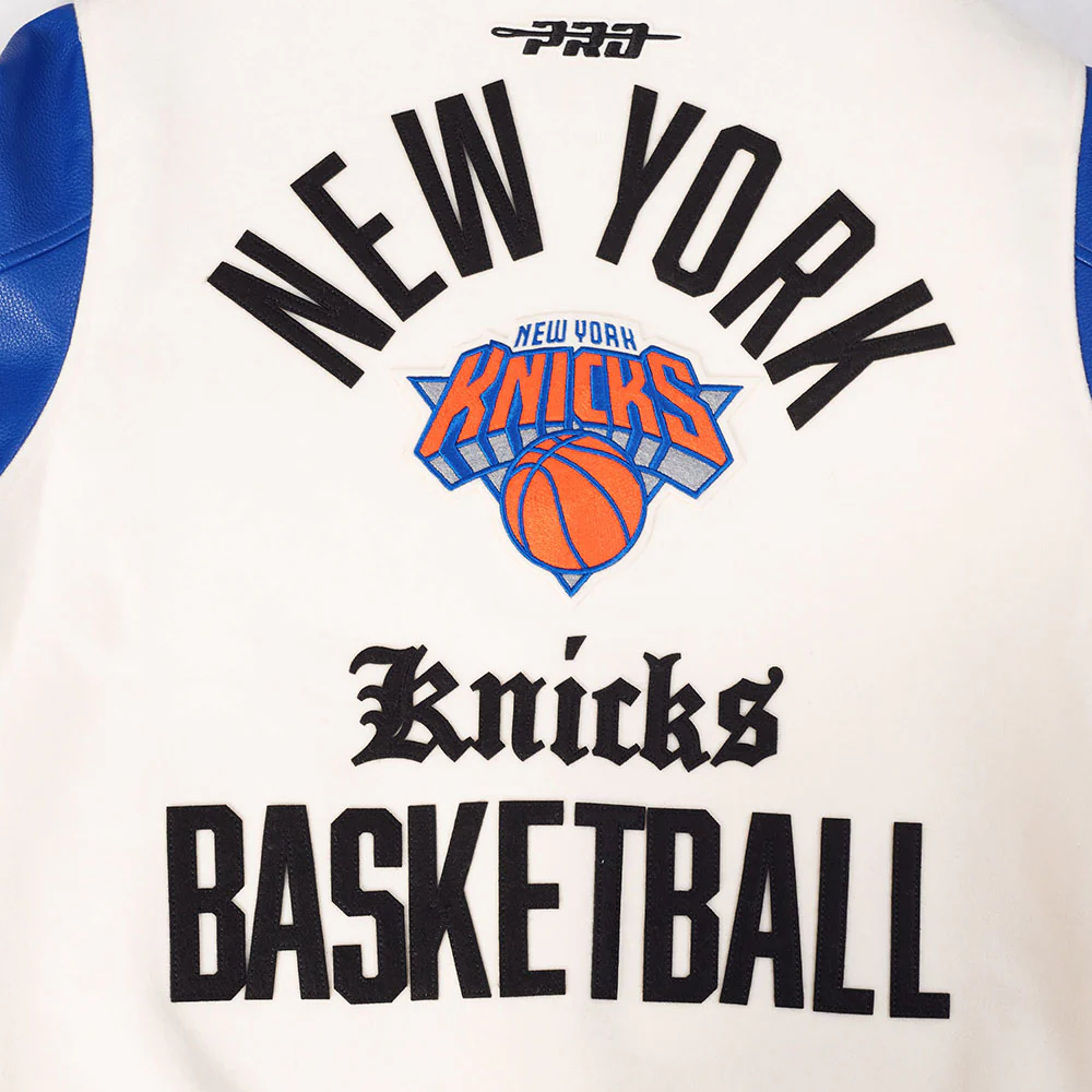 NBA NEW YORK KNICKS MODERN ORIGINALS MEN'S RIB WOOL VARSITY JACKET (EGGSHELL/ROYAL BLUE) - Image 10