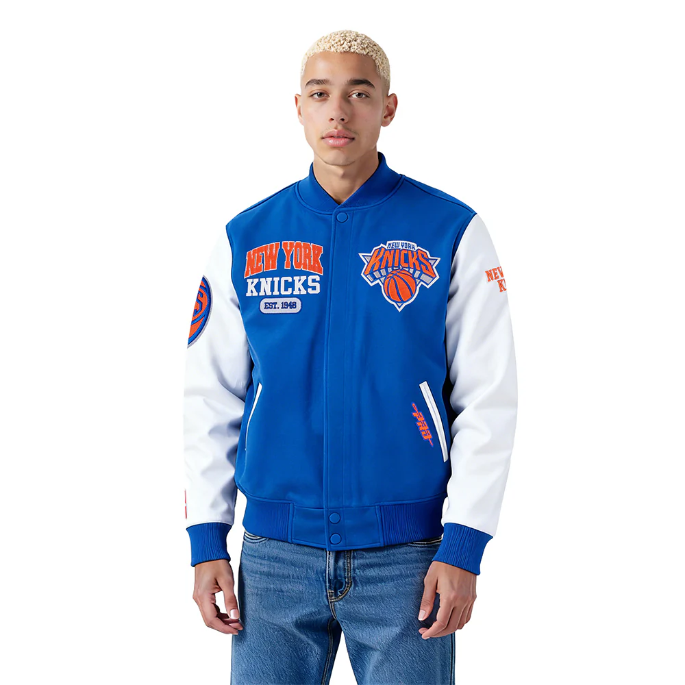 NBA NEW YORK KNICKS CITY ARCH MEN'S WOOL VARSITY JACKET (ROYAL BLUE/WHITE)