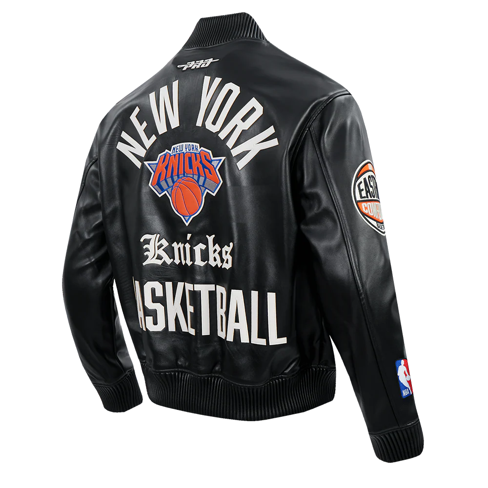 NBA NEW YORK KNICKS MODERN ORIGINALS MEN'S LEATHER VARSITY JACKET (JET BLACK) - Image 4