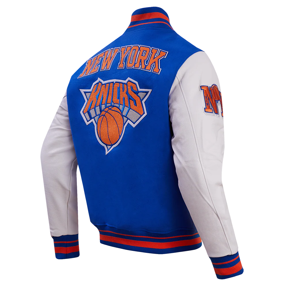 NBA NEW YORK KNICKS RETRO CLASSIC MEN'S RIB WOOL VARSITY JACKET (ROYAL BLUE/ORANGE) - Image 4