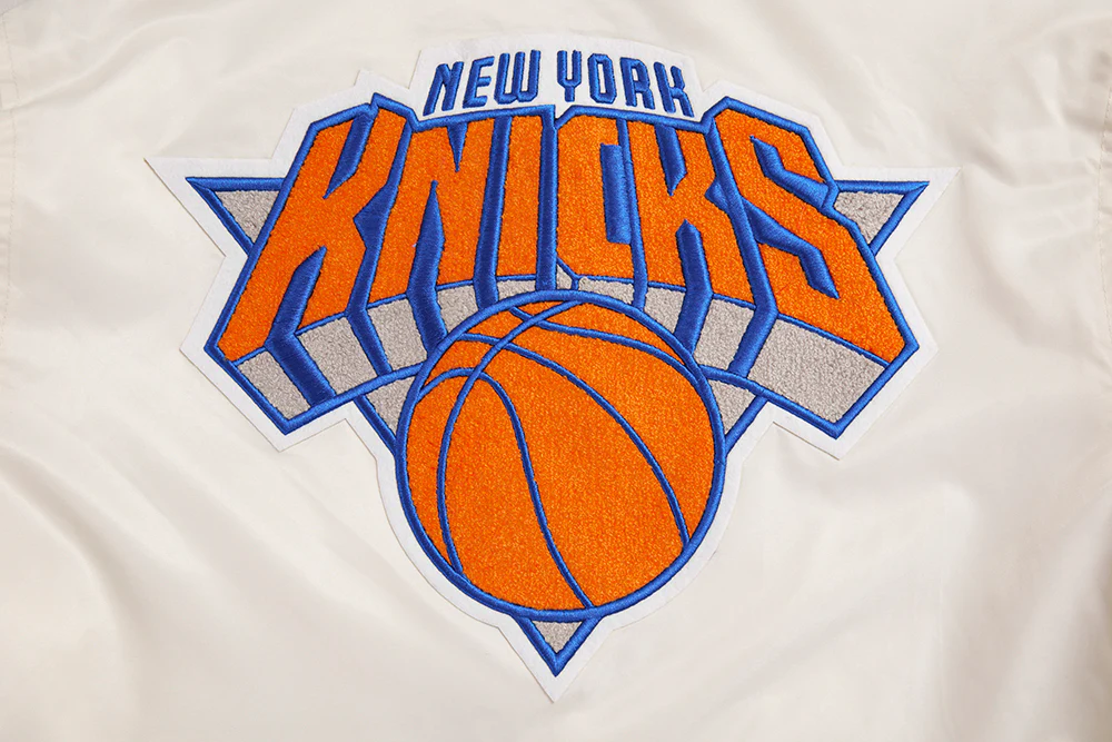 NBA NEW YORK KNICKS RETRO CLASSIC MEN'S RIB SATIN JACKET (EGGSHELL/ ROYAL BLUE) - Image 5