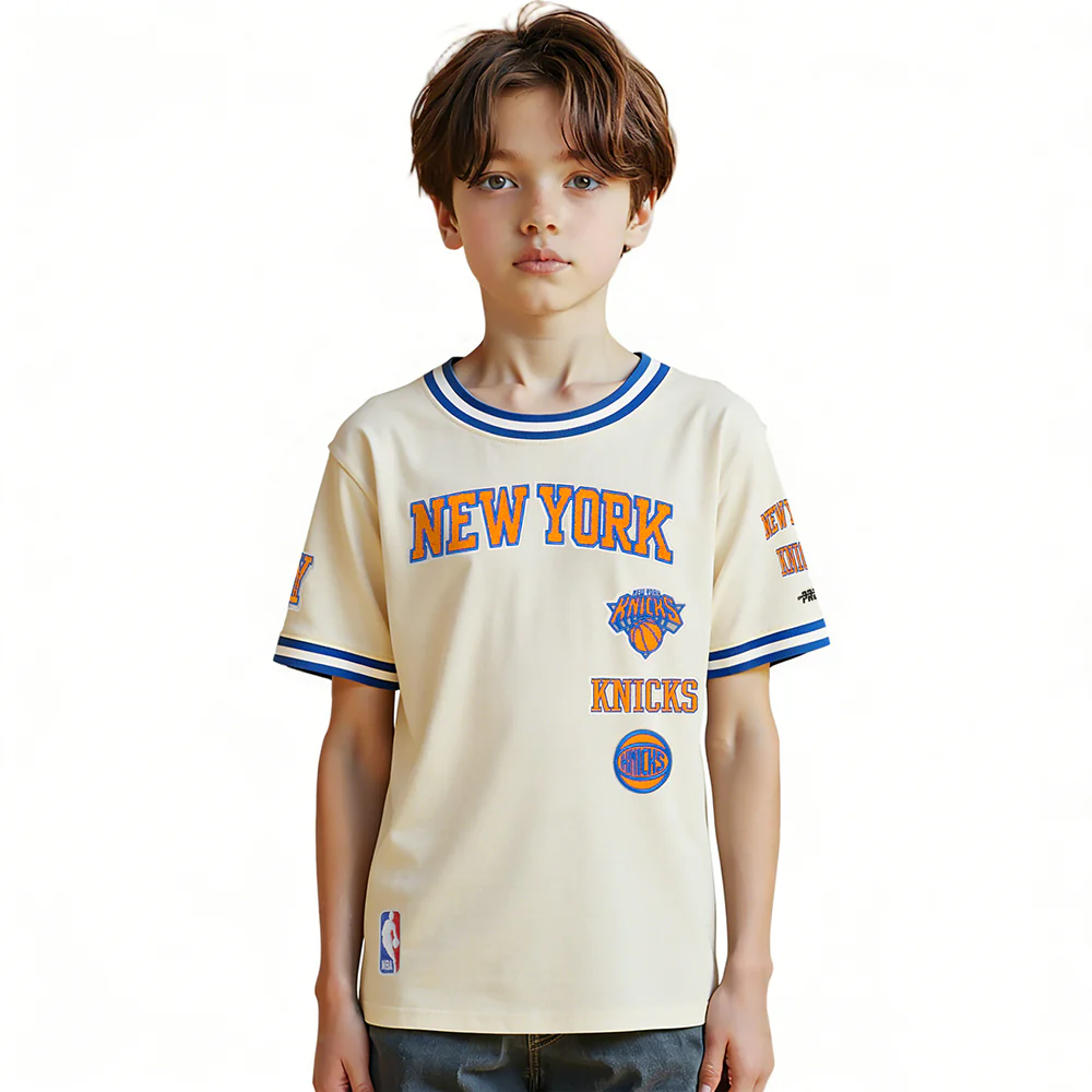 NBA NEW YORK KNICKS RETRO CLASSIC BIG BOY'S SS STRIPED RIB TEE (EGGSHELL/ROYAL BLUE)