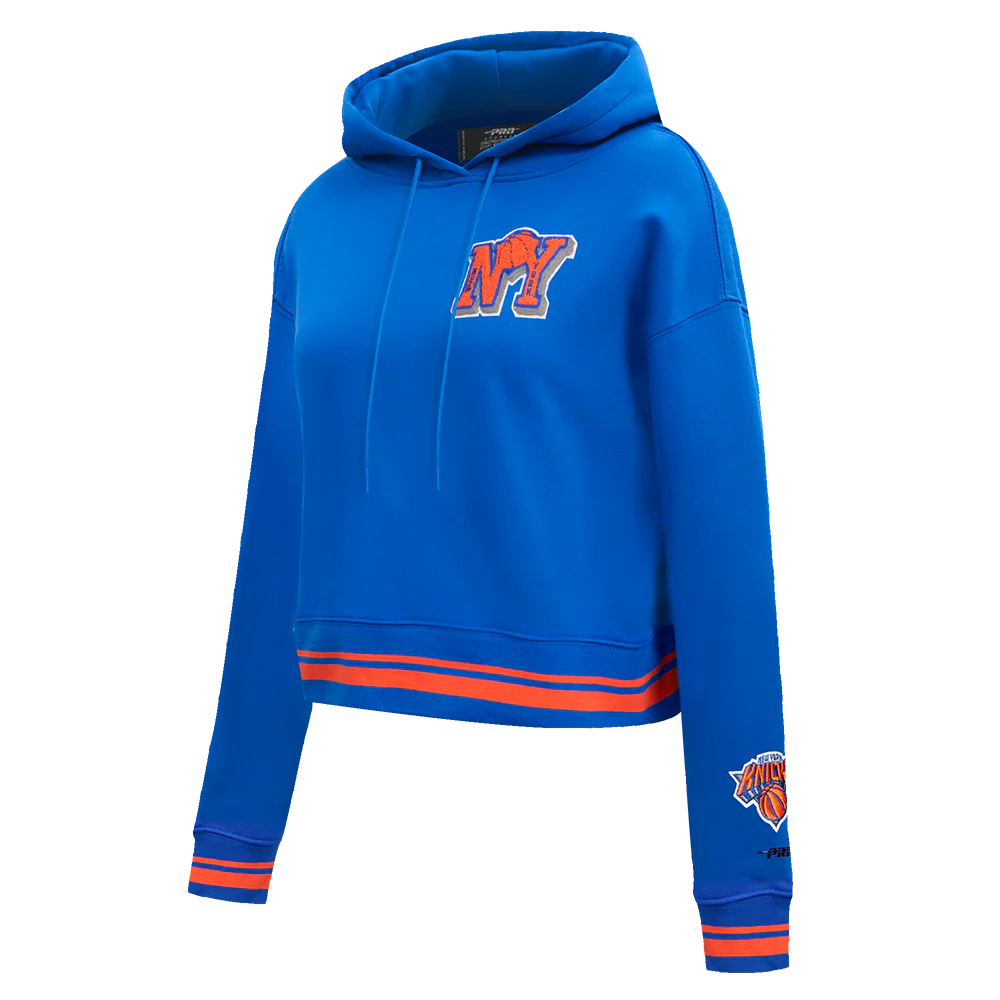 NBA NEW YORK KNICKS MASHUP WOMEN'S RIB CROPPED PULLOVER HOODIE (ROYAL/ORANGE/ROYAL) - Image 2