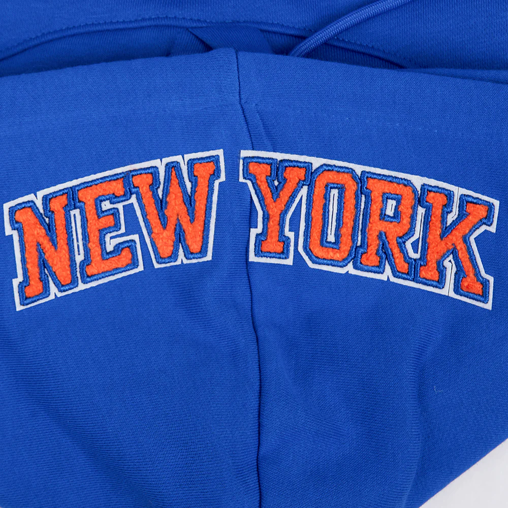 NBA NEW YORK KNICKS MASHUP WOMEN'S RIB CROPPED PULLOVER HOODIE (ROYAL/ORANGE/ROYAL) - Image 7