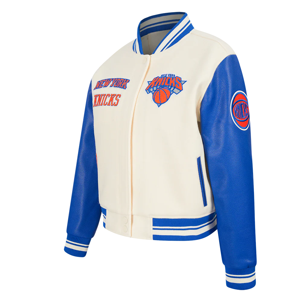 NBA NEW YORK KNICKS RETRO CLASSIC WOMEN'S RIB WOOL VARSITY JACKET (EGGSHELL/ROYAL BLUE) - Image 2