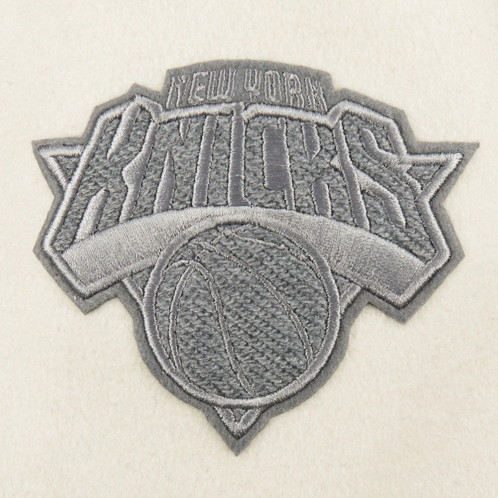 NBA NEW YORK KNICKS REVERSE FRENCH TERRY WOMEN'S WOOL VARSITY JACKET (BLACK/GRAY/EGGSHELL) - Image 8
