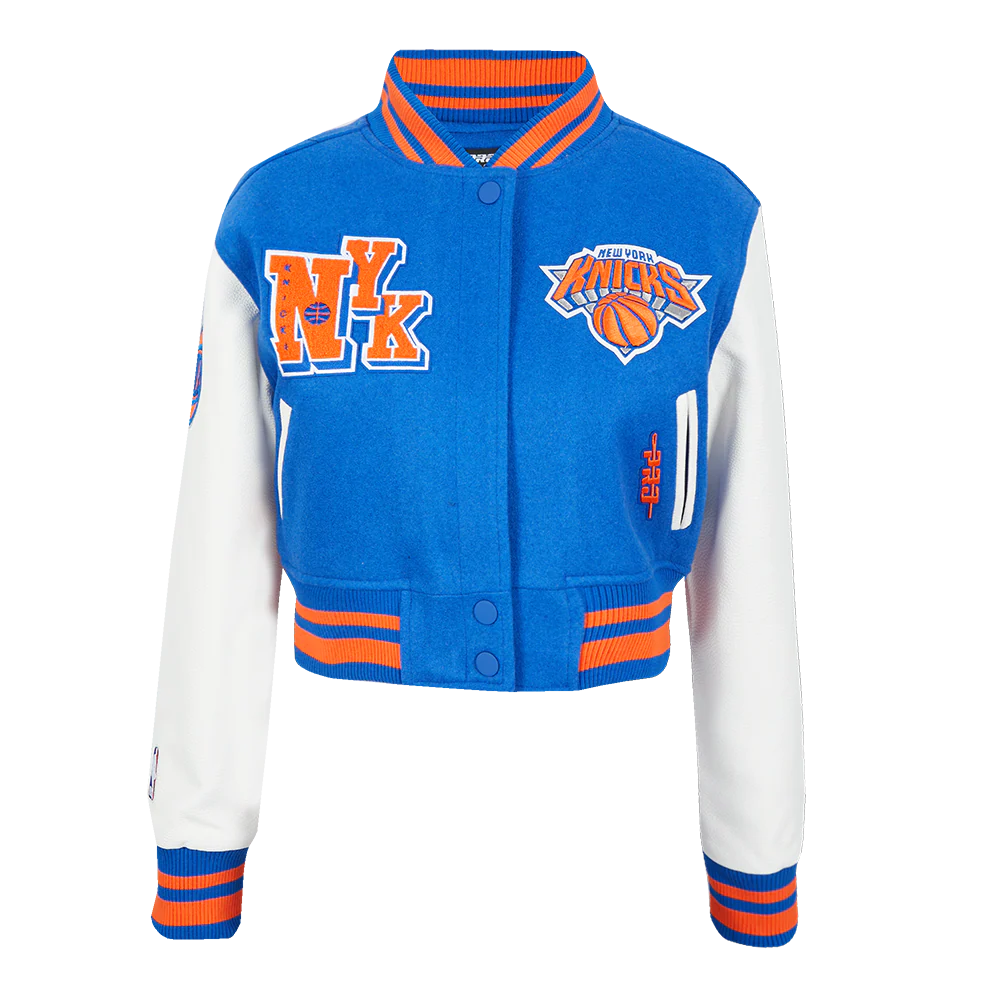 NBA NEW YORK KNICKS BEST OF WOMEN'S CROPPED RIB WOOL VARSITY JACKET (ROYAL/ORANGE/ROYAL) - Image 3
