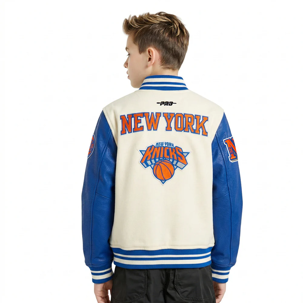 NBA NEW YORK KNICKS RETRO CLASSIC LITTLE BOYS RIB WOOL VARSITY JACKET (EGGSHELL/ROYAL BLUE) - Image 2
