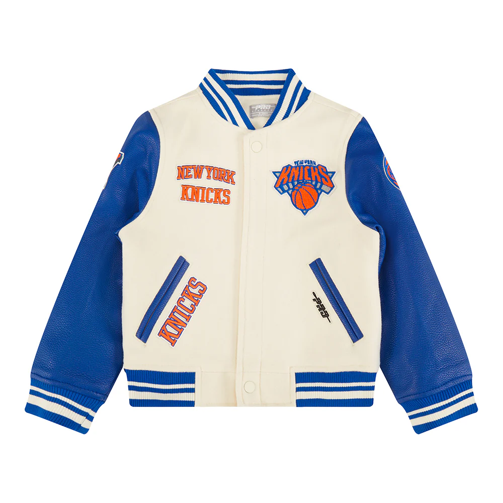 NBA NEW YORK KNICKS RETRO CLASSIC LITTLE BOYS RIB WOOL VARSITY JACKET (EGGSHELL/ROYAL BLUE) - Image 3