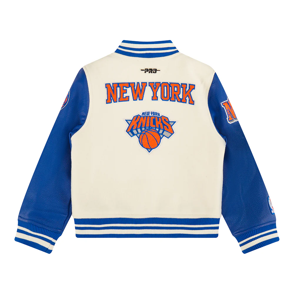 NBA NEW YORK KNICKS RETRO CLASSIC LITTLE BOYS RIB WOOL VARSITY JACKET (EGGSHELL/ROYAL BLUE) - Image 4