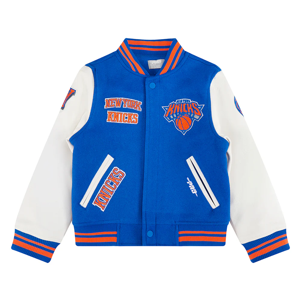 NBA NEW YORK KNICKS RETRO CLASSIC LITTLE BOYS RIB WOOL VARSITY JACKET (ROYAL/ORANGE/ROYAL)