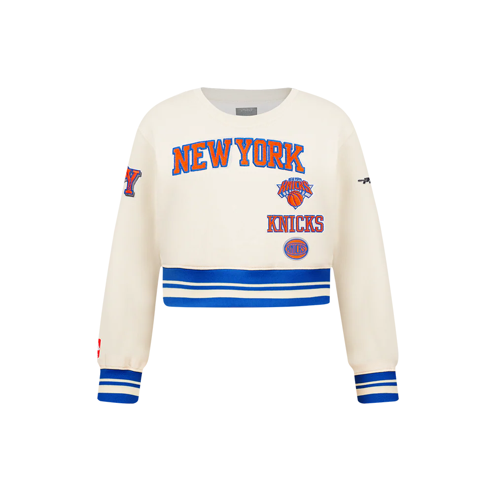 NBA NEW YORK KNICKS RETRO CLASSIC LITTLE GIRLS RIB FLEECE CREWNECK (EGGSHELL/ROYAL BLUE)