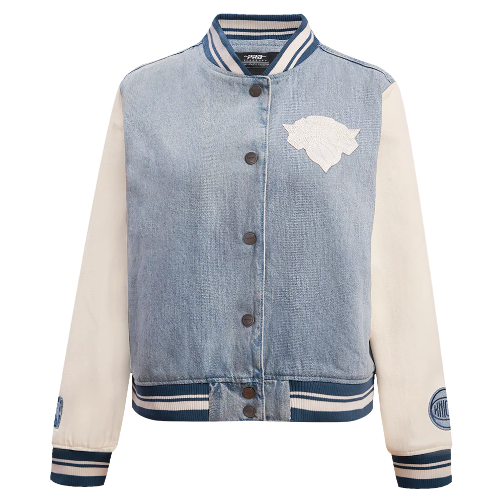 NBA NEW YORK KNICKS VARSITY BLUES WOMEN'S DENIM VARSITY JACKET (DENIM/LINEN)