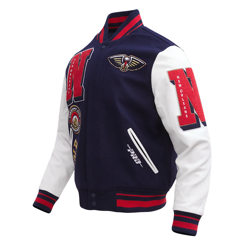 NBA NEW ORLEANS PELICANS MASHUP MEN'S RIB WOOL VARSITY JACKET (MIDNIGHT NAVY/RED/MIDNIGHT NAVY) - Image 2