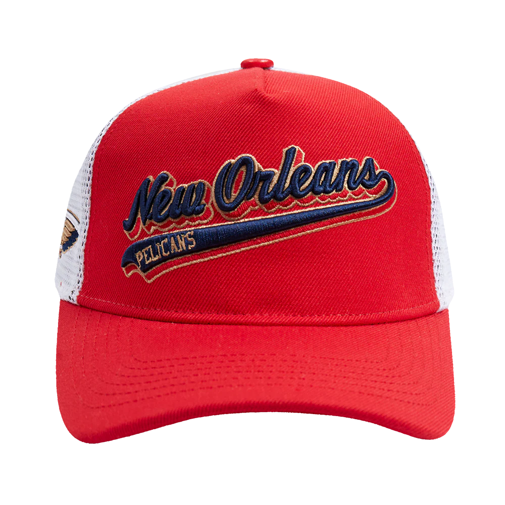 NBA NEW ORLEANS PELICANS SCRIPT TAIL TRUCKER HAT (RED)