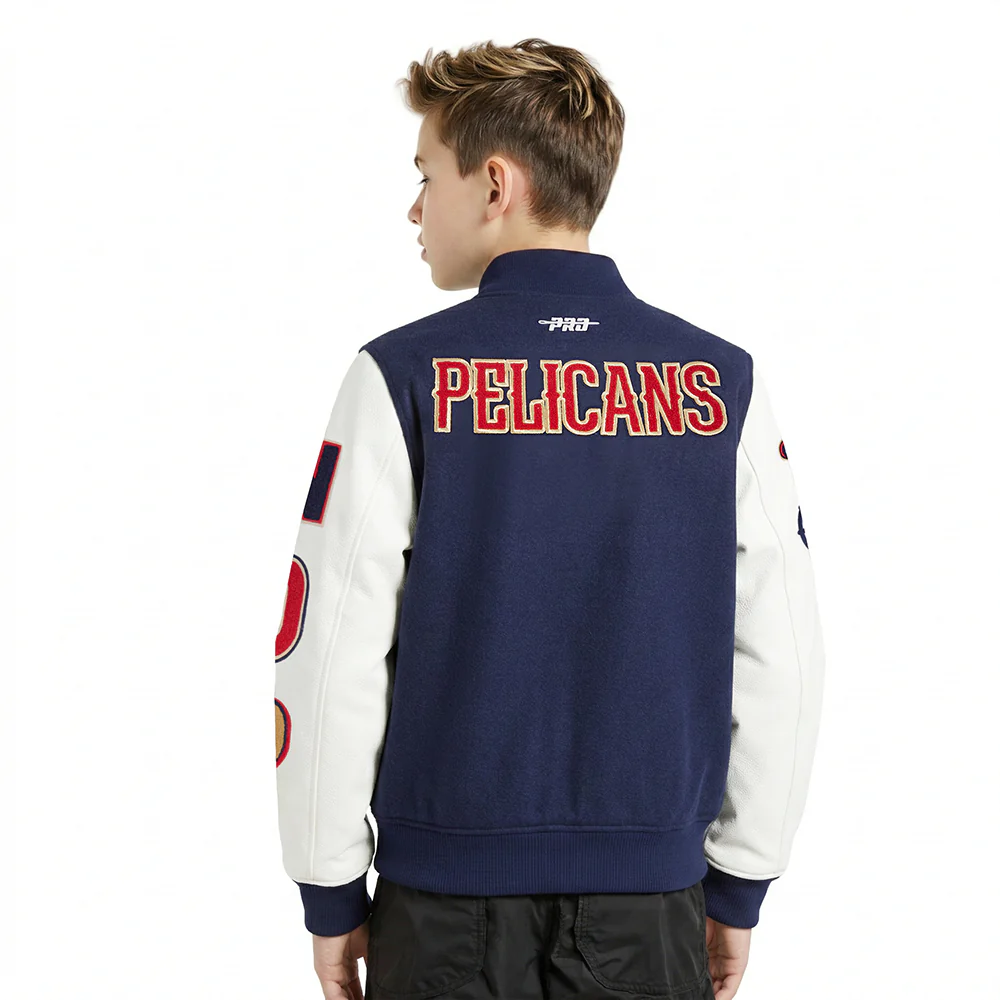 NBA NEW ORLEANS PELICANS CLASSIC BIG BOYS WOOL VARSITY JACKET (MIDNIGHT NAVY/WHITE) - Image 2