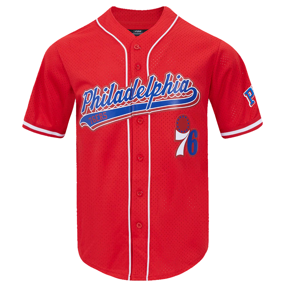 NBA PHILADELPHIA 76ers SCRIPT TAIL MEN'S MESH BUTTON DOWN SHIRT (RED)