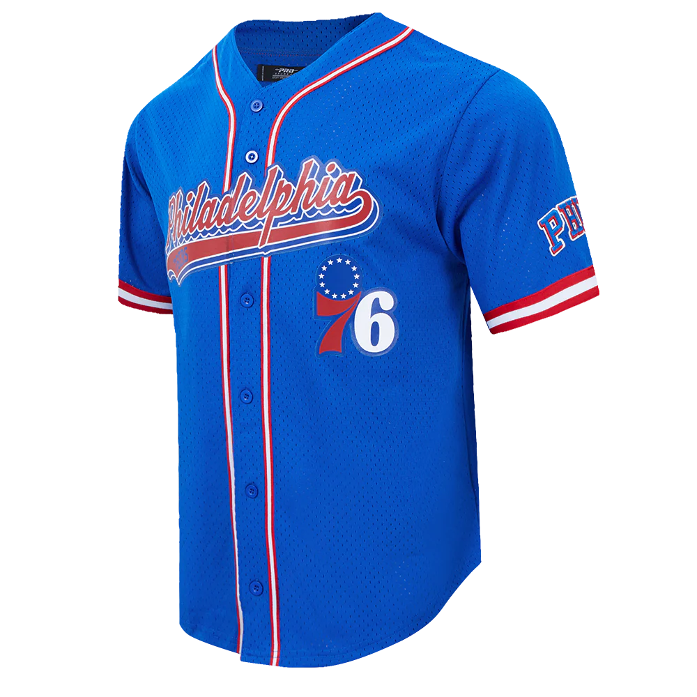 NBA PHILADELPHIA 76ers SCRIPT TAIL MEN'S MESH BUTTON DOWN SHIRT (ROYAL BLUE/RED) - Image 2