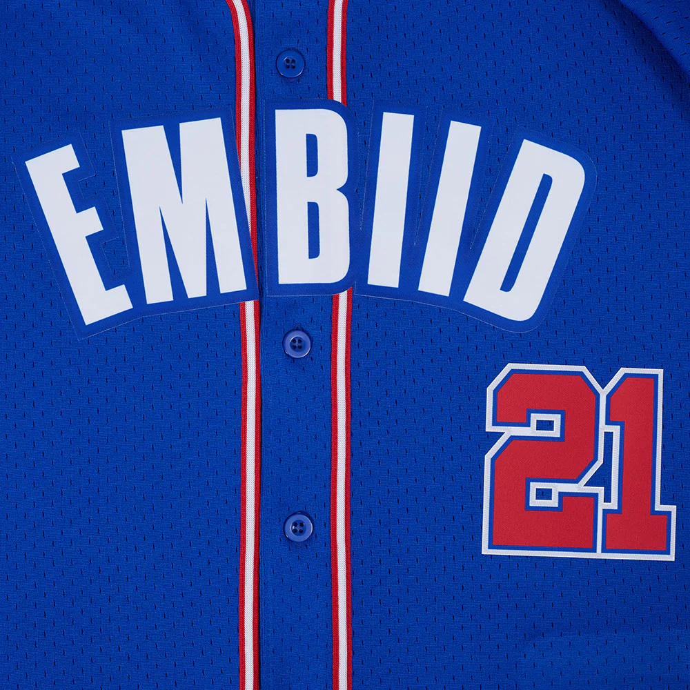 NBA PHILADELPHIA 76ERS JOEL EMBIID #21 CLASSIC MESH PNN MEN'S MESH BUTTON DOWN SHIRT (ROYAL BLUE/RED) - Image 9