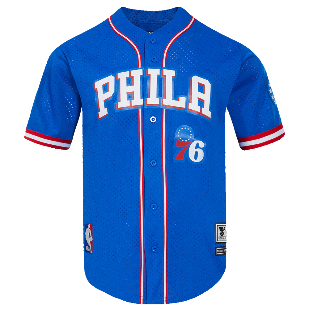 NBA PHILADELPHIA 76ERS CLASSIC MEN'S MESH BUTTON DOWN JERSEY (ROYAL BLUE/RED)