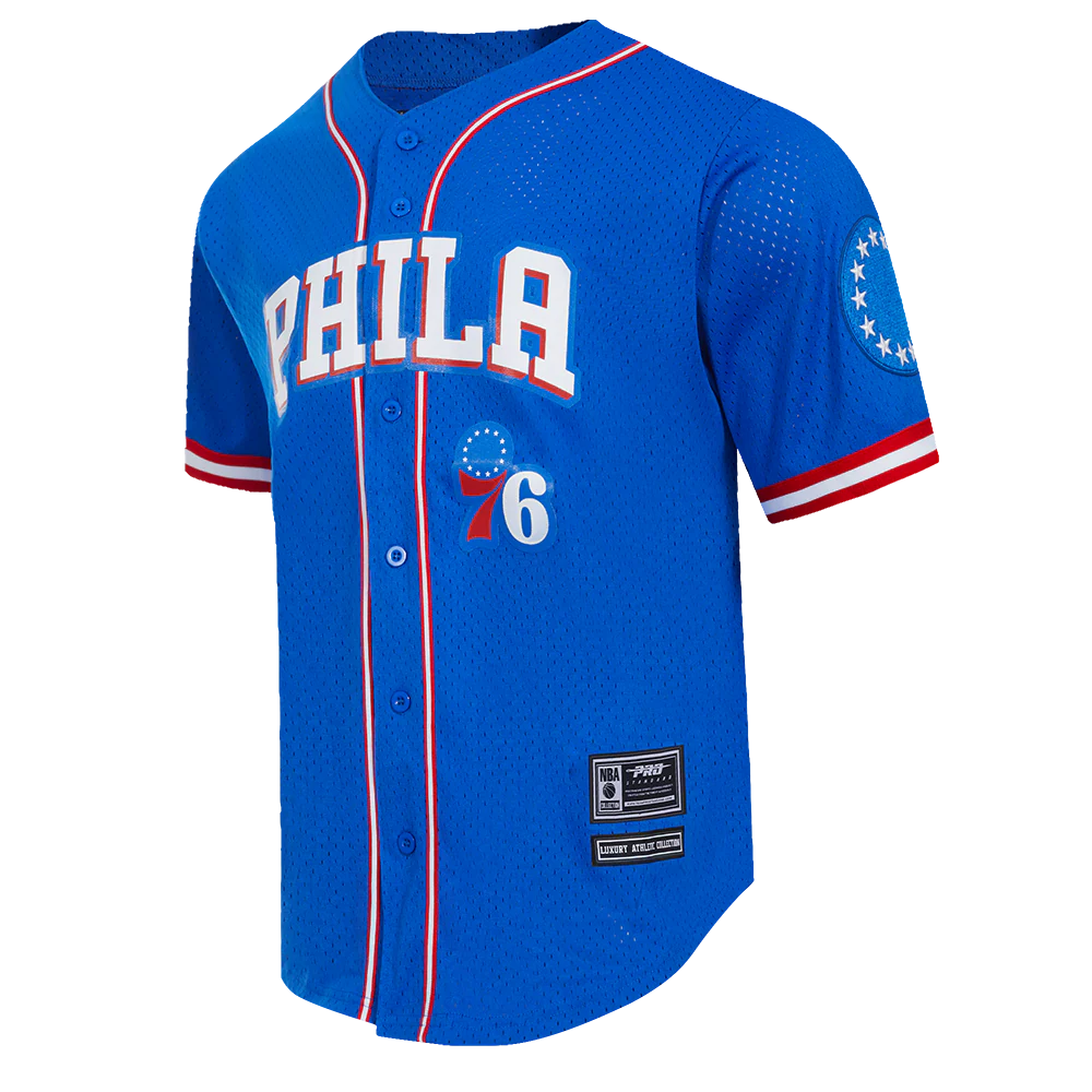NBA PHILADELPHIA 76ERS CLASSIC MEN'S MESH BUTTON DOWN JERSEY (ROYAL BLUE/RED) - Image 2