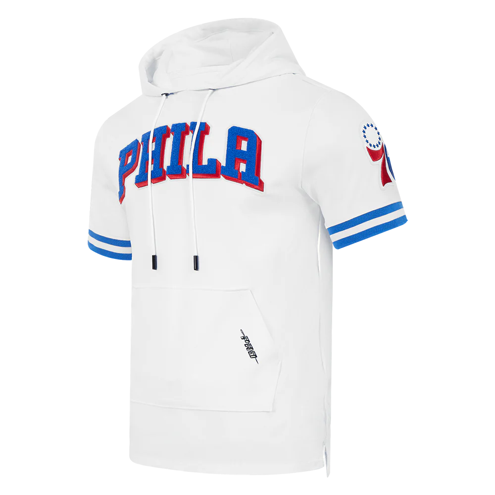 NBA PHILADELPHIA 76ERS CLASSIC CHENILLE MEN'S SHORT SLEEVE PULLOVER HOODIE (WHITE/ROYAL BLUE) - Image 2