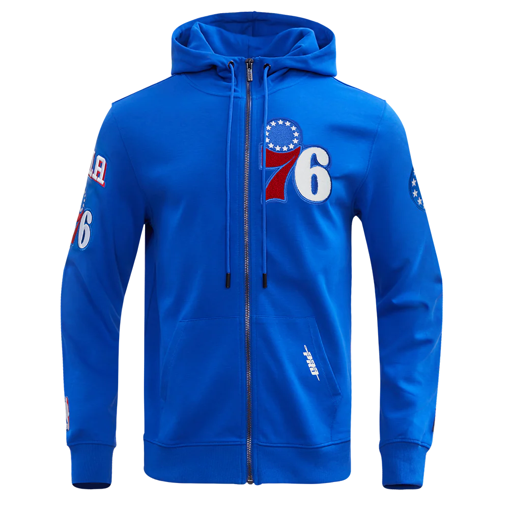 NBA PHILADELPHIA 76ERS CLASSIC CHENILLE MEN'S FULL ZIP PULLOVER HOODIE (ROYAL BLUE)