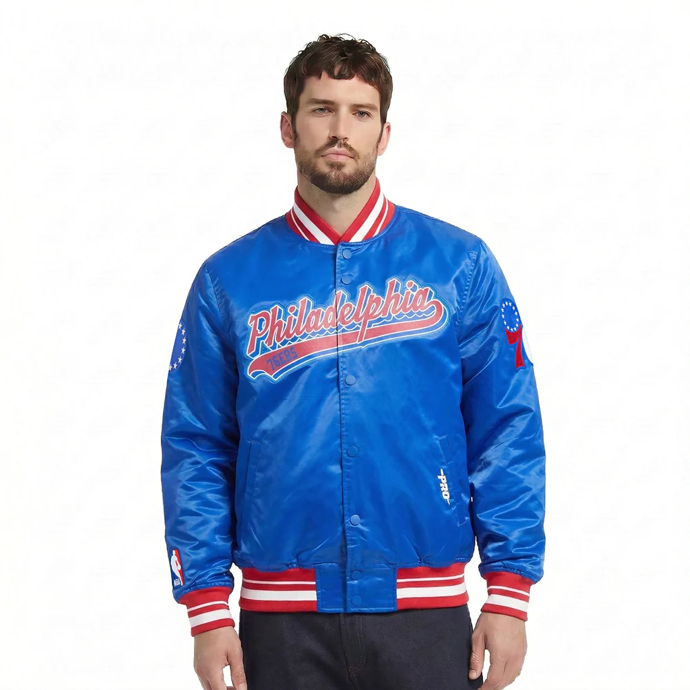 NBA PHILADELPHIA 76ers SCRIPT TAIL MEN'S SATIN JACKET (ROYAL BLUE/RED)