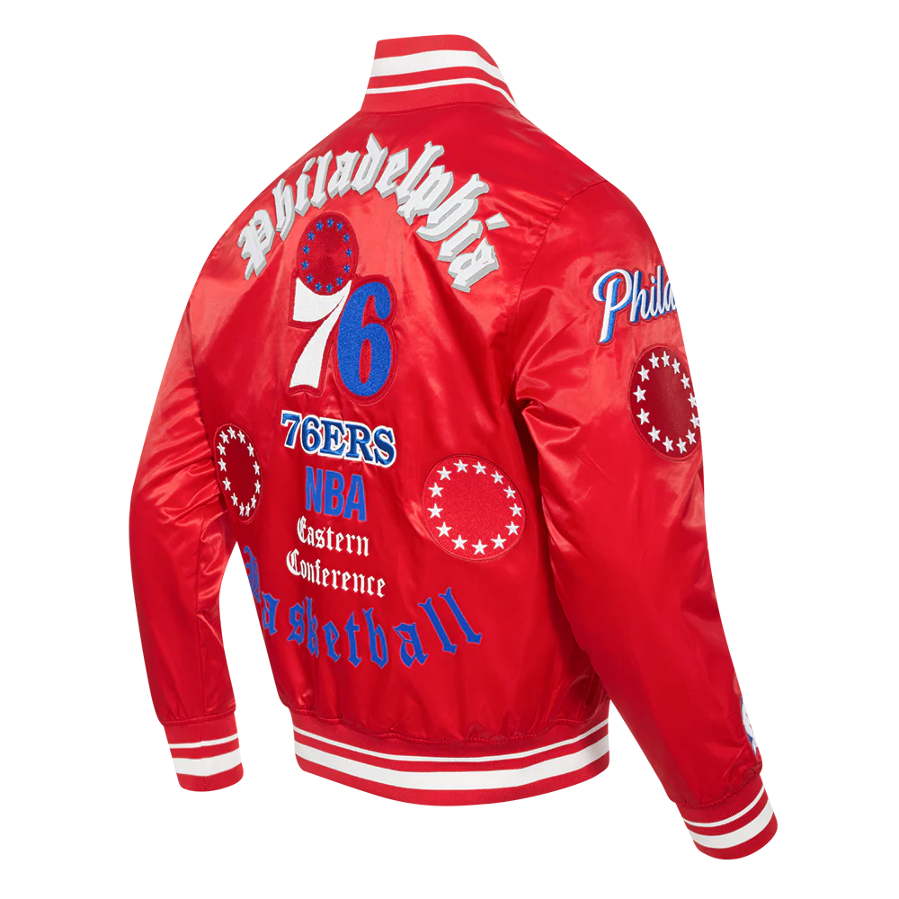 NBA PHILADELPHIA 76ERS OLD ENGLISH MEN'S RIB SATIN JACKET (RED) - Image 4
