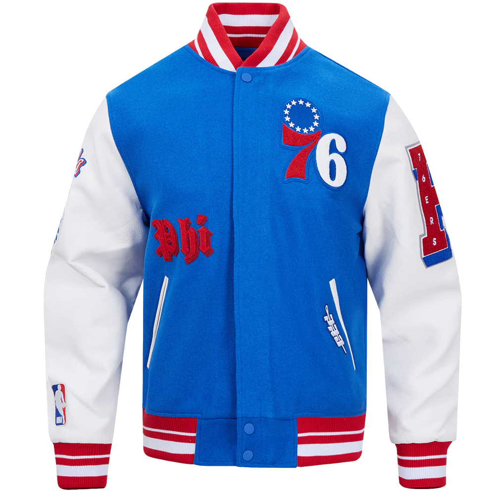NBA PHILADELPHIA 76ERS OLD ENGLISH MEN'S RIB WOOL VARSITY JACKET (ROYAL BLUE/RED)